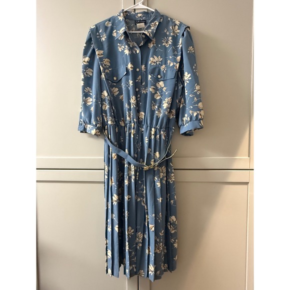 Vintage Breli Originals Blue Floral Pleated Midi Shirt Dress Belted Size 20 USA - Picture 11 of 12